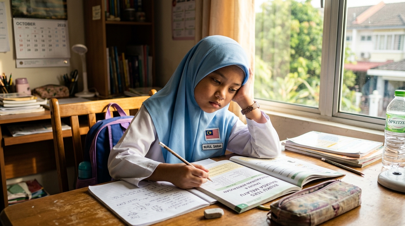Kanak-kanak kelihatan letih ketika belajar di meja belajar
