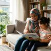 Ibu dan anak membaca teks dalam suasana rumah terang