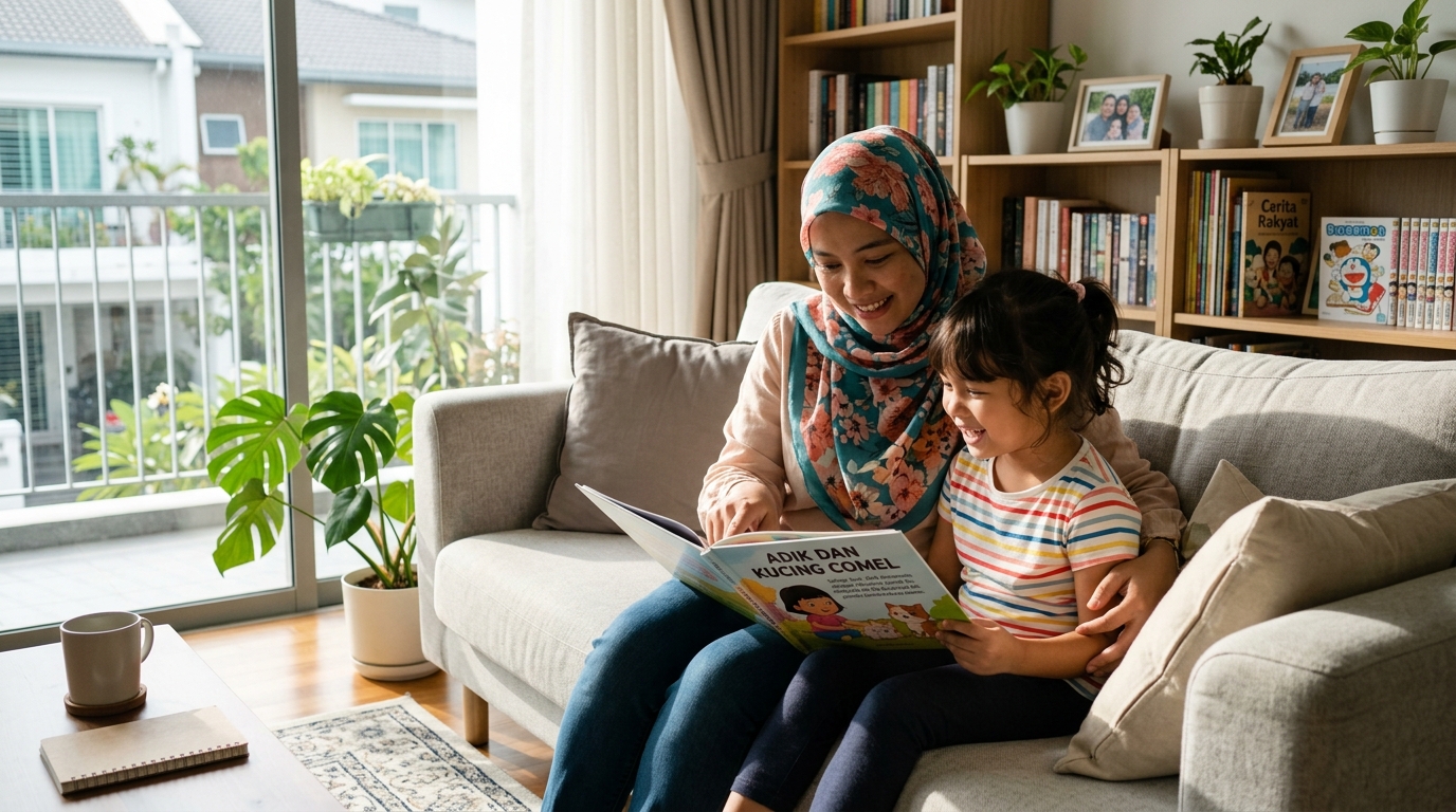 Ibu dan anak membaca teks dalam suasana rumah terang
