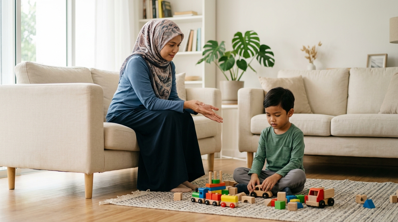 Anak Asia masih main walaupun ibu bapa beri arahan, ibu bapa kelihatan cuba kekal tenang.