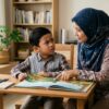 Anak Asia membaca buku di meja dengan lancar tetapi wajahnya keliru, ibu bapa memerhati dengan tenang.