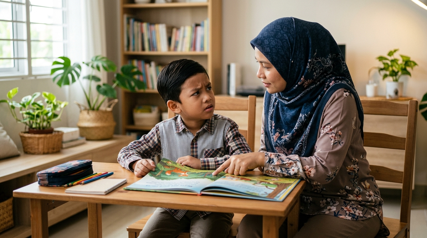 Anak Asia membaca buku di meja dengan lancar tetapi wajahnya keliru, ibu bapa memerhati dengan tenang.