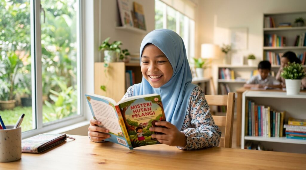 Kanak-kanak membaca dengan lancar dan penuh keyakinan dalam suasana terang