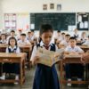 Murid Asia berseragam sekolah berdiri di depan kelas sambil memegang buku dengan wajah segan dan cemas, manakala cikgu memberi sokongan dari tepi.