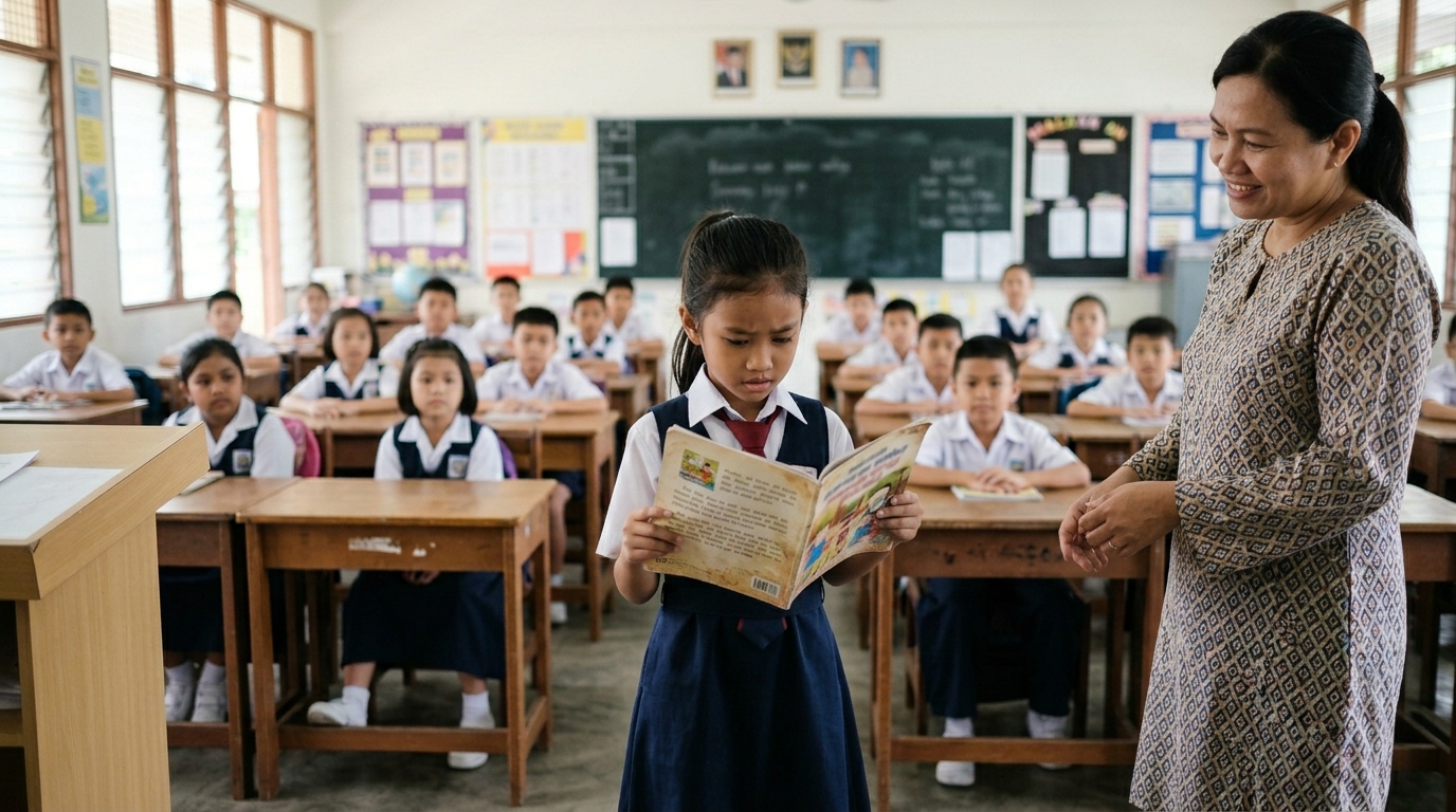 Murid Asia berseragam sekolah berdiri di depan kelas sambil memegang buku dengan wajah segan dan cemas, manakala cikgu memberi sokongan dari tepi.