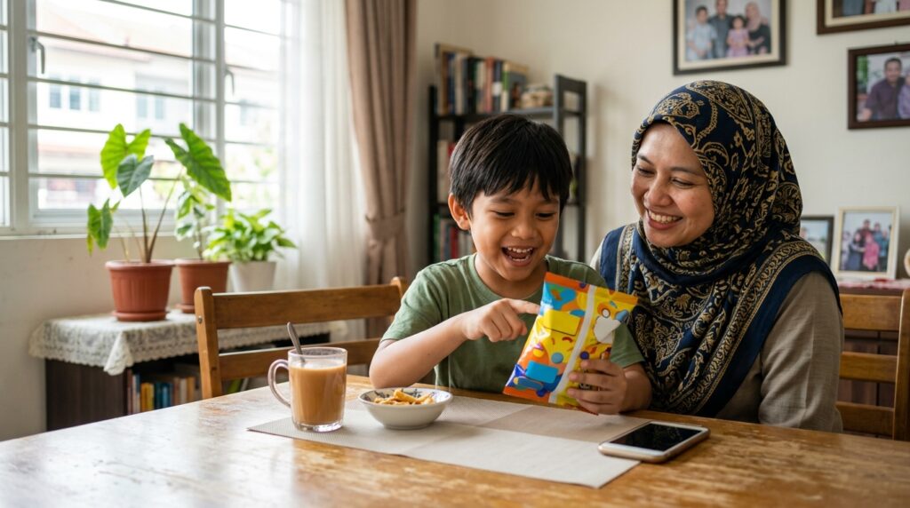 Kanak-kanak membaca tulisan pada bungkusan makanan kegemaran bersama ibu