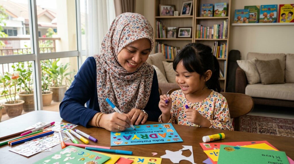Ibu membantu anak membaca kad nama sendiri dalam suasana ceria
