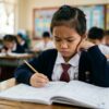 Close-up wajah murid Asia berseragam sekolah yang kelihatan keliru dan kurang yakin semasa belajar di dalam kelas.
