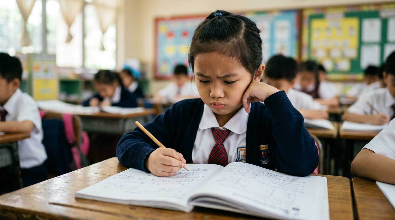 Close-up wajah murid Asia berseragam sekolah yang kelihatan keliru dan kurang yakin semasa belajar di dalam kelas.