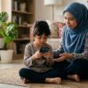 Anak Asia memegang telefon dengan erat dan sukar beralih perhatian, manakala ibu bapa cuba mendekati dengan tenang.