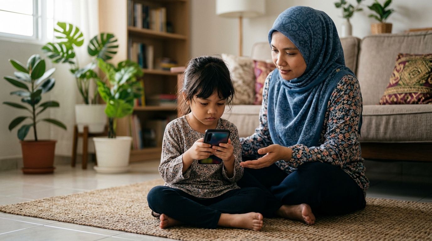 Anak Asia memegang telefon dengan erat dan sukar beralih perhatian, manakala ibu bapa cuba mendekati dengan tenang.