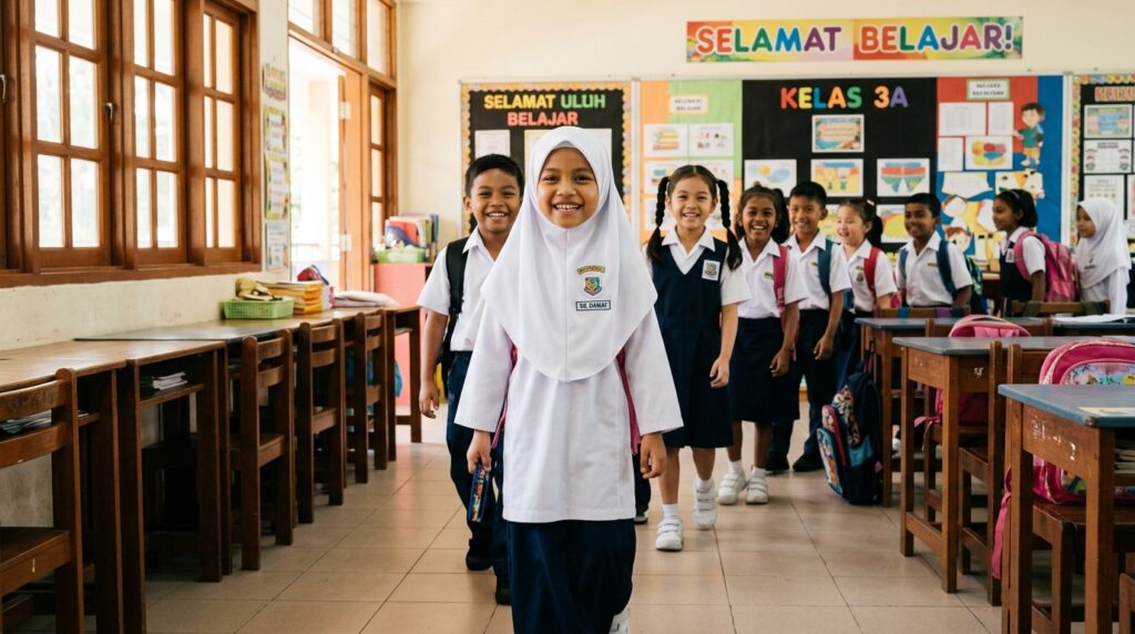 Kanak-kanak memimpin rakan sekelas dengan yakin dalam suasana cerah