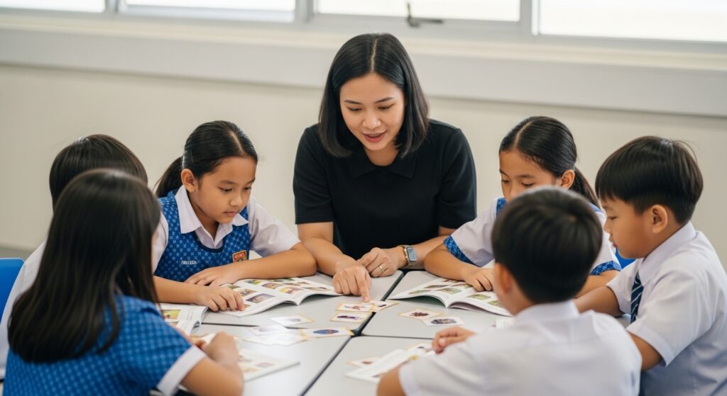 Guru membantu kumpulan kecil murid Asia di kelas sokongan membaca dengan suasana tenang dan positif.