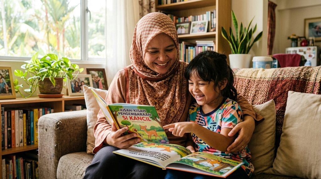 Ibu dan anak membaca teks sebenar bersama dalam suasana rumah yang cerah