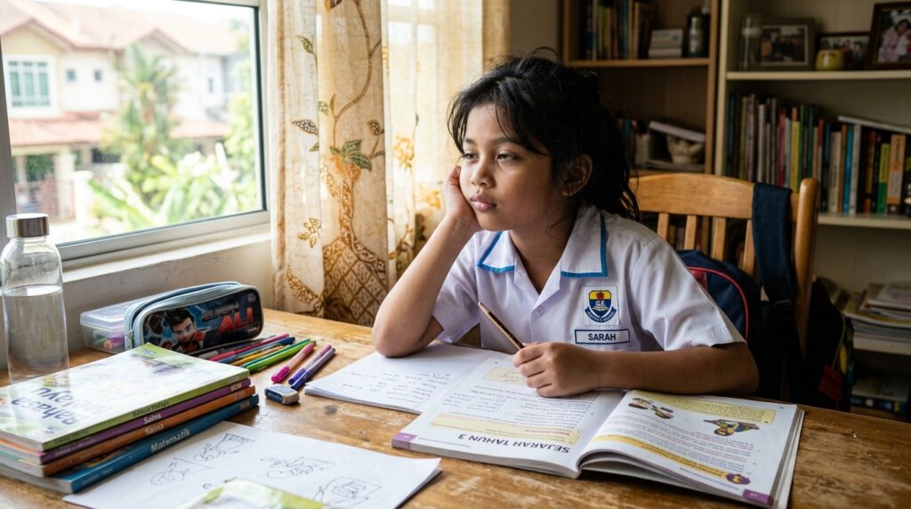Kanak-kanak kelihatan letih selepas belajar terlalu lama