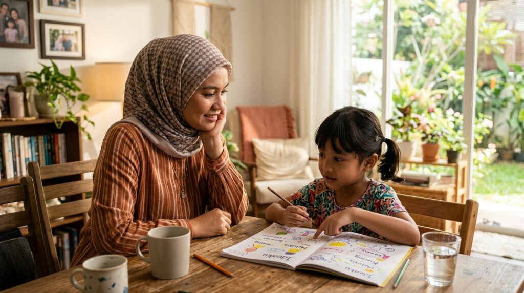 Ibu mendengar anak pemalu bercakap dengan penuh perhatian