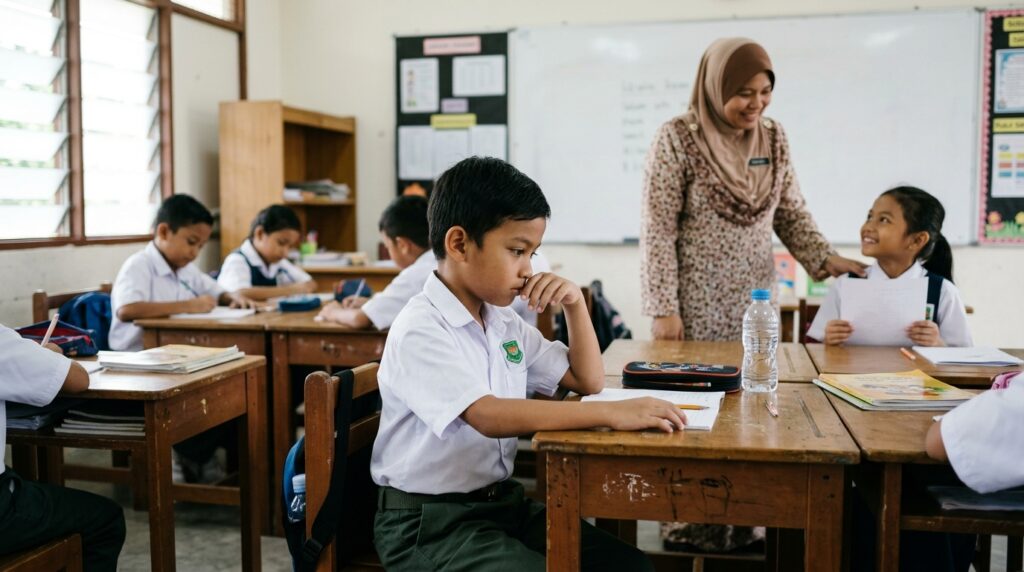 Murid Asia berseragam sekolah kelihatan murung apabila melihat kawannya dipuji, cikgu dan rakan lain di latar belakang.