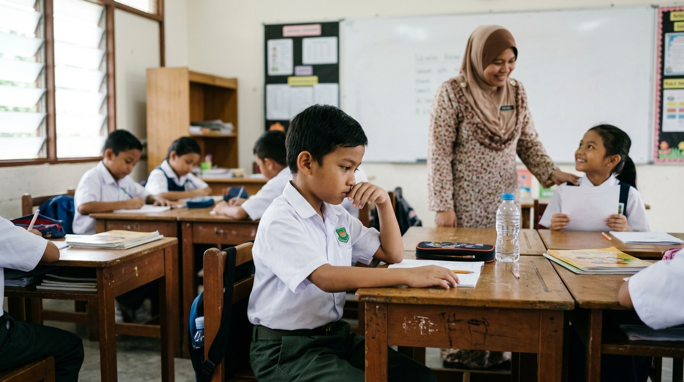 Murid Asia berseragam sekolah kelihatan murung apabila melihat kawannya dipuji, cikgu dan rakan lain di latar belakang.