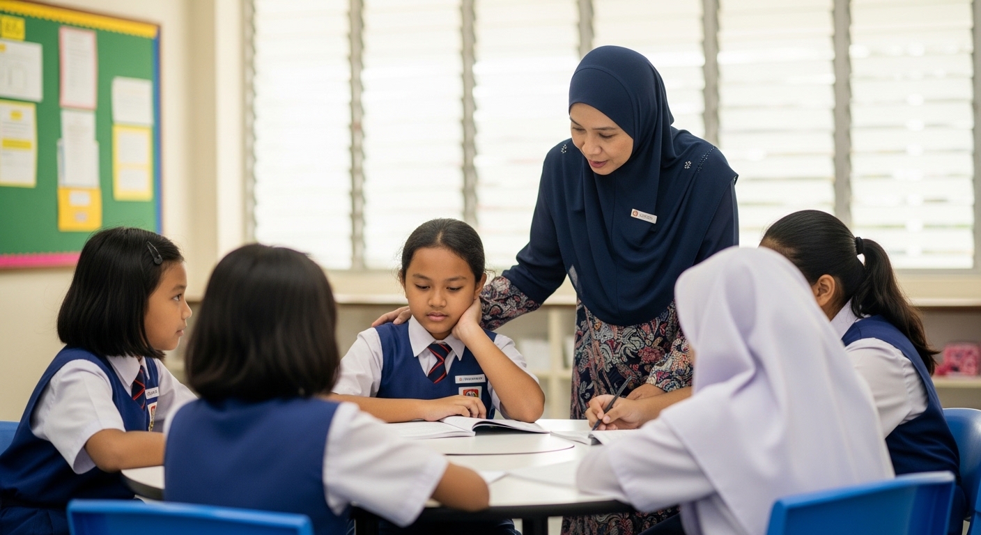 Anak Asia berseragam sekolah belajar dalam kumpulan kecil bersama guru dengan suasana tenang dan mesra.