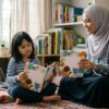 Anak Asia kelihatan bosan membelek buku yang sama, ibu bapa menawarkan buku lain dengan lembut di sudut membaca rumah.