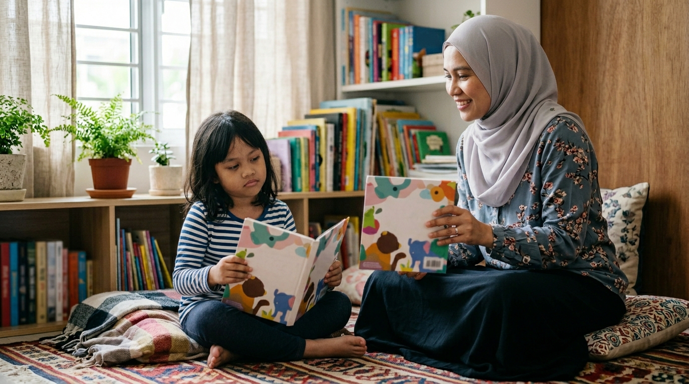 Anak Asia kelihatan bosan membelek buku yang sama, ibu bapa menawarkan buku lain dengan lembut di sudut membaca rumah.