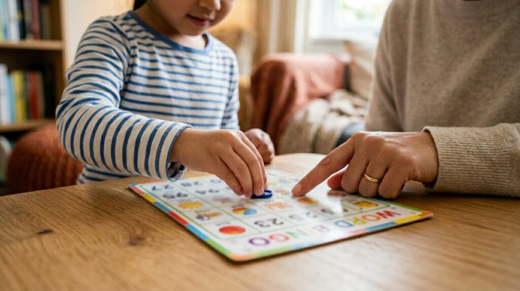 Close-up tangan anak Asia meletakkan penanda pada kad Bingo Membaca, sambil tangan ibu bapa menunjukkan petunjuk.