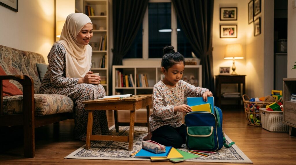 Anak Asia menyusun buku dan alat tulis ke dalam beg sekolah pada waktu malam sebelum ke sekolah.