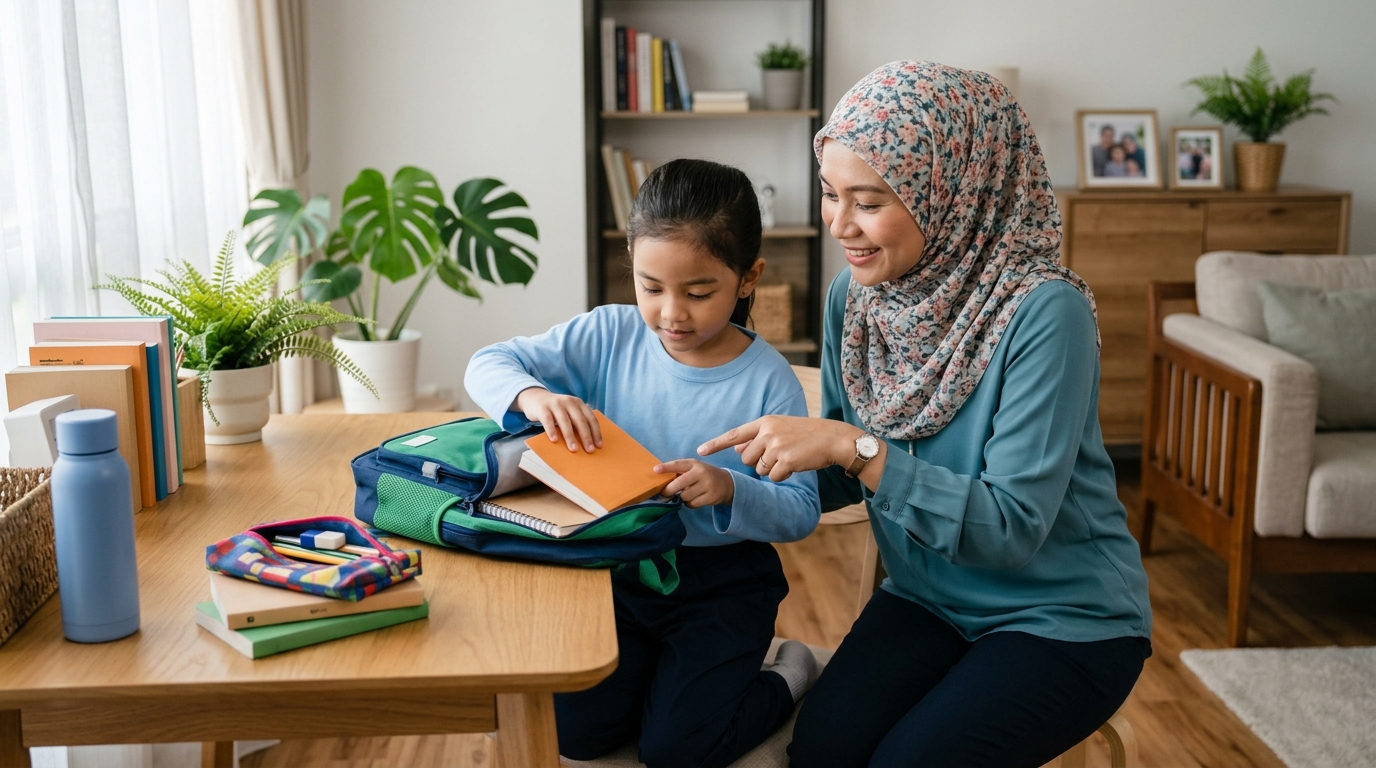 Ibu bapa Asia menunjukkan cara menyusun buku dan alat tulis ke dalam beg sekolah, manakala anak melakukannya sendiri dengan tenang.
