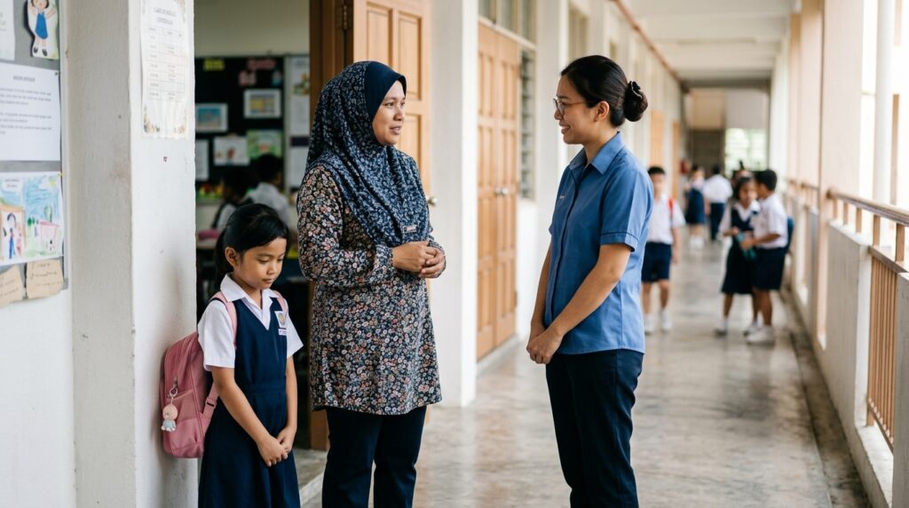 Ibu bapa Asia berbincang dengan cikgu di sekolah tentang anak yang malu membaca, dengan suasana tenang dan profesional.