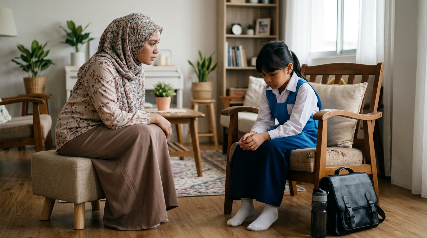 Ibu bapa Asia memerhati anak berseragam sekolah yang kelihatan murung dan diam selepas pulang dari sekolah.