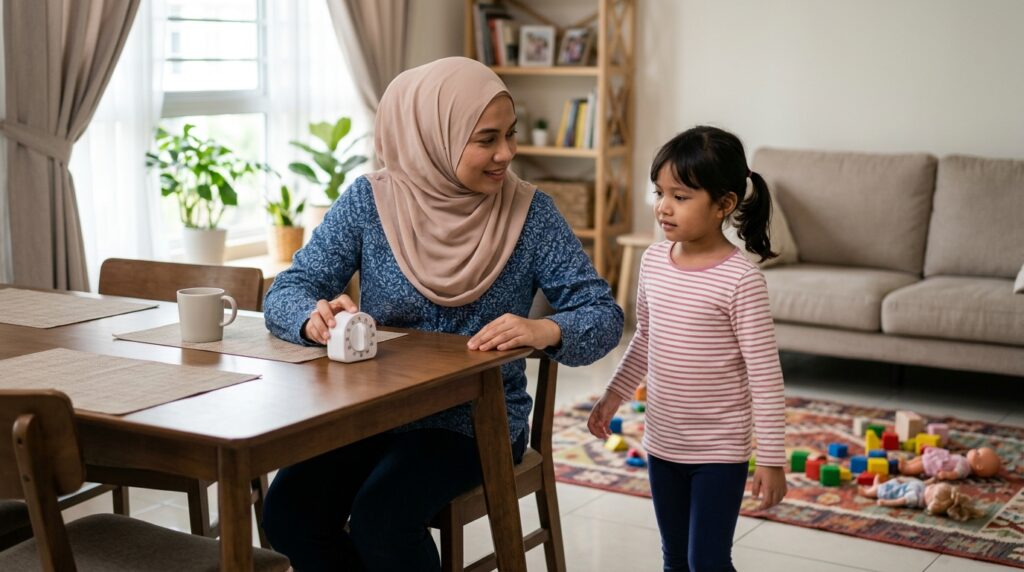 Ibu bapa Asia menetapkan timer di meja dan anak mula bergerak untuk buat tugasan selepas arahan diberi.