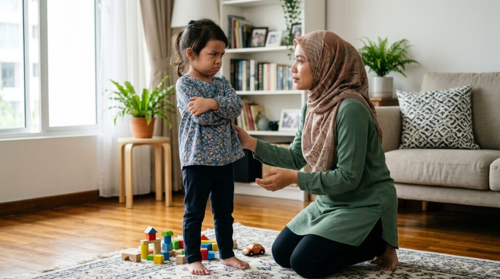 Anak Asia kelihatan cepat marah dan tegang di rumah, ibu bapa duduk dekat dengan ekspresi tenang dan menenangkan.