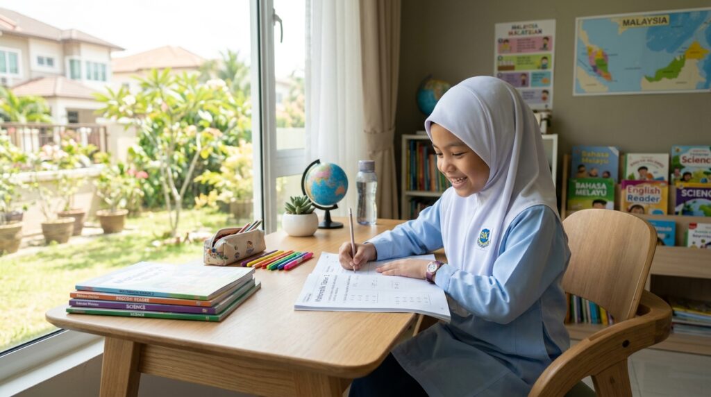 Kanak-kanak belajar dengan fokus dalam suasana yang tenang dan cerah