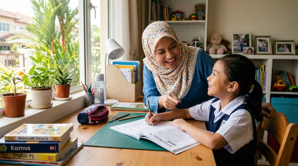 Ibu memberi pujian kepada anak ketika belajar dalam suasana ceria