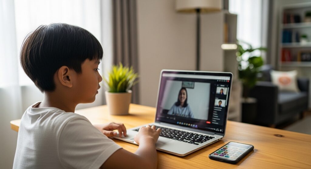 Kanak-kanak terganggu oleh telefon semasa kelas membaca online