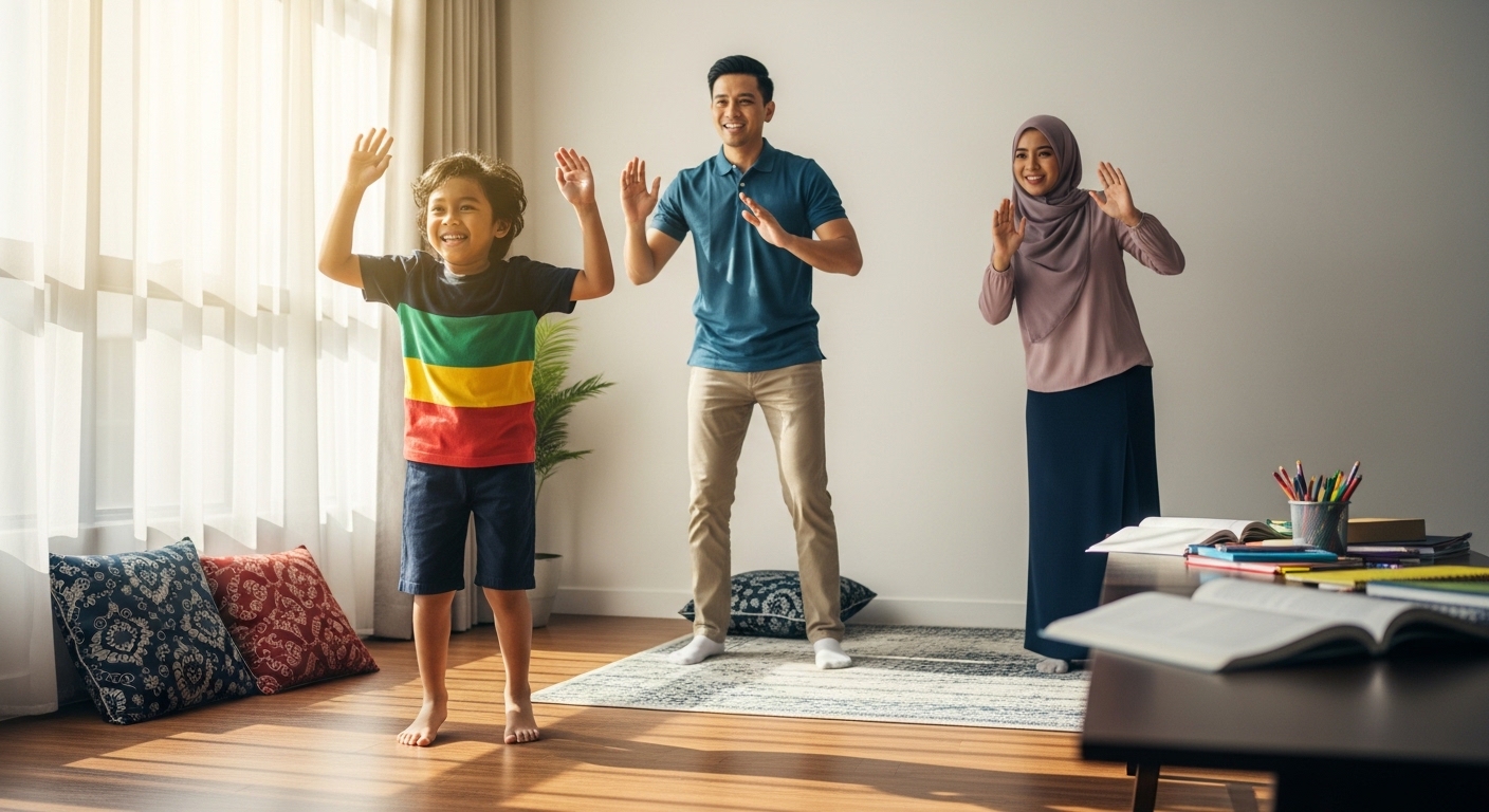 Kanak-kanak melakukan pergerakan badan sebelum belajar dalam suasana cerah