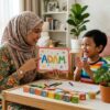 Ibu menunjukkan nama sendiri kepada anak menggunakan kad berwarna-warni