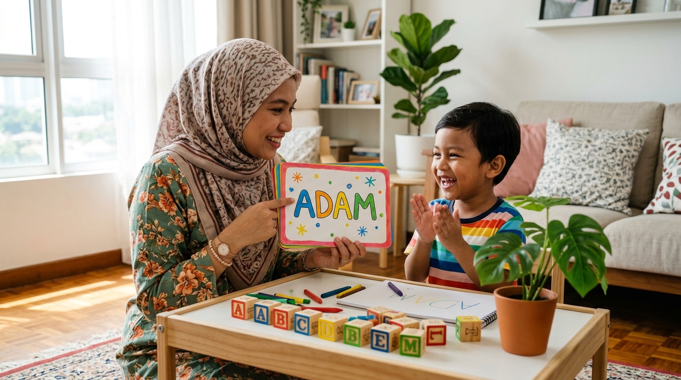 Ibu menunjukkan nama sendiri kepada anak menggunakan kad berwarna-warni