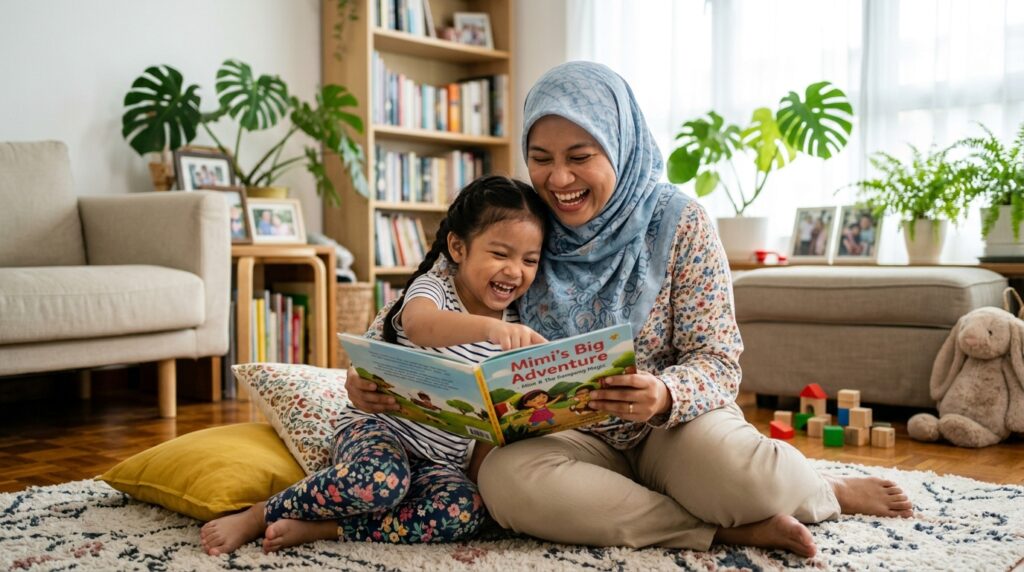 Ibu membaca secara santai dan ceria bersama anak di rumah