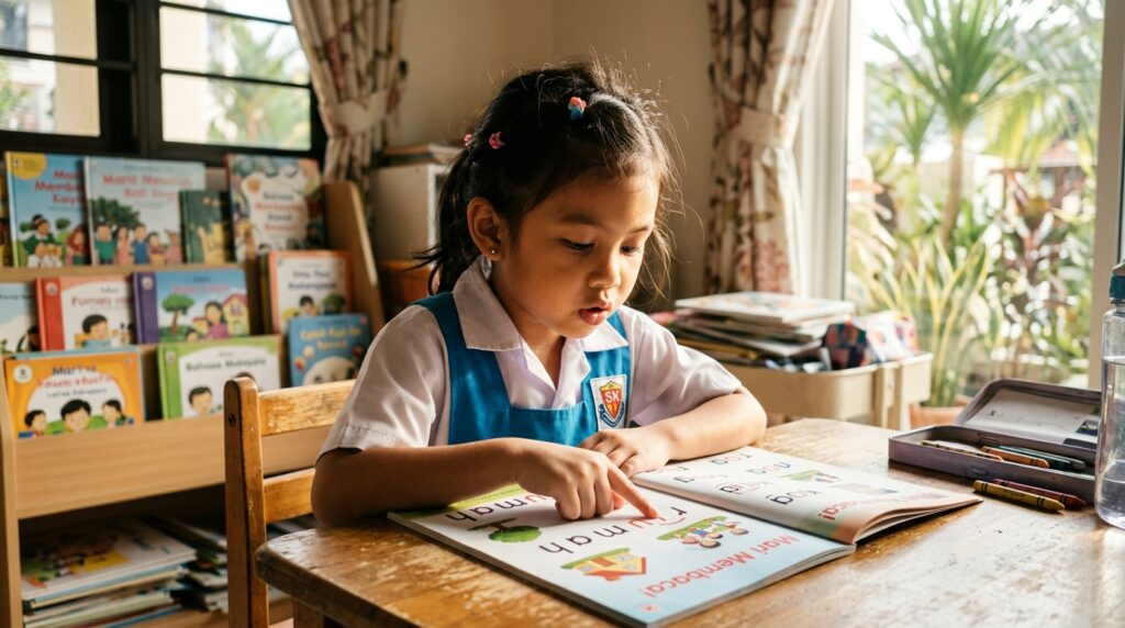 Kanak-kanak membaca secara mengeja satu persatu dengan perlahan