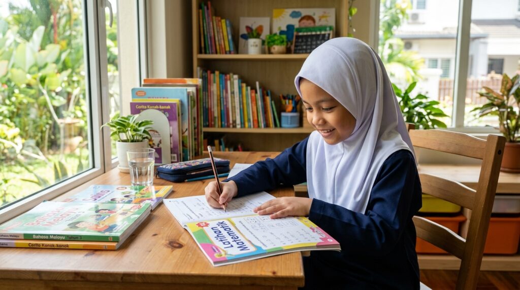 Kanak-kanak belajar dengan fokus dan ceria dalam suasana rumah terang