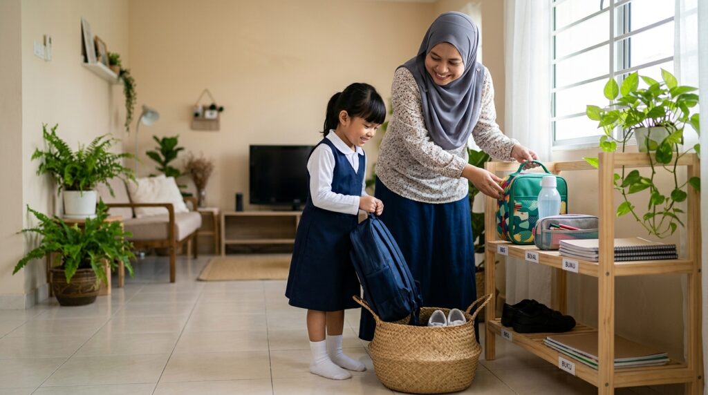 Sudut khas di rumah untuk barang sekolah anak Asia, lengkap dengan beg sekolah, botol air, bekas makanan, alat tulis dan buku yang disusun kemas.