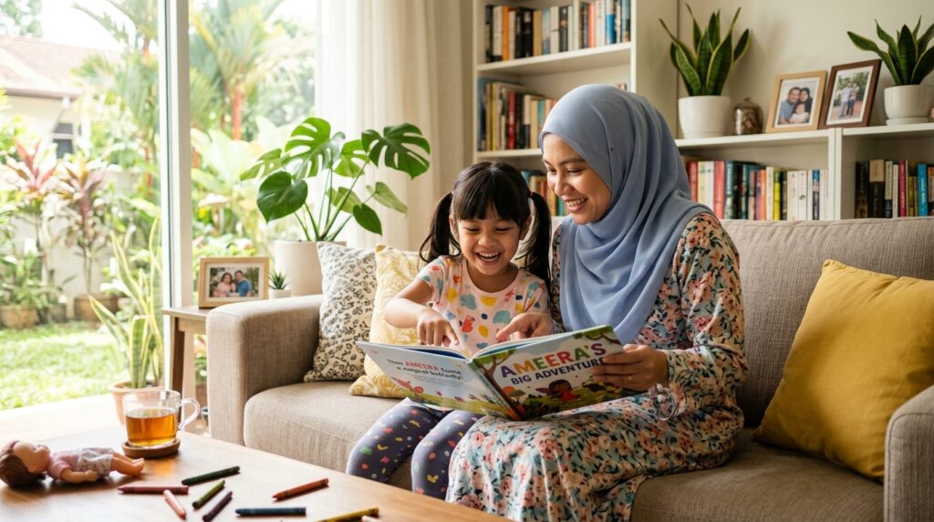 Ibu dan anak membaca bersama menggunakan nama sendiri dalam suasana cerah