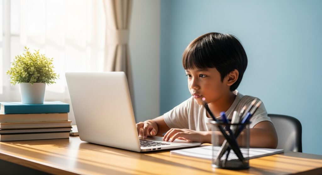 Kanak-kanak fokus belajar dalam kelas online dengan suasana tersusun dan tenang