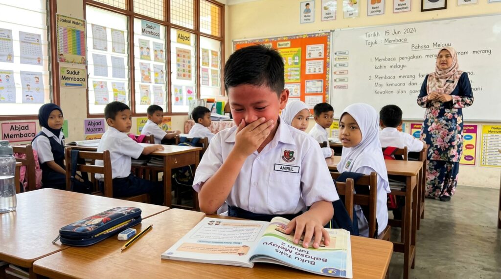 Kanak-kanak kelihatan malu selepas melakukan kesalahan ketika membaca di kelas