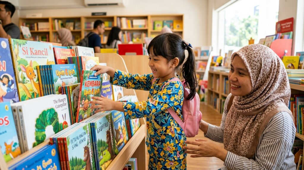 Kanak-kanak memilih buku cerita berwarna-warni dengan wajah teruja