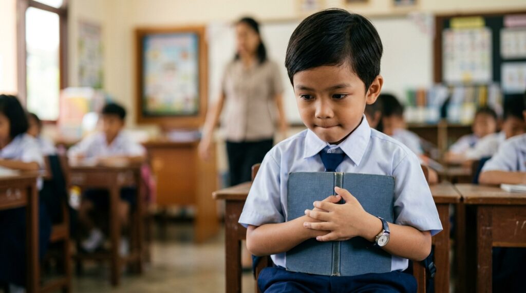 Close-up wajah murid Asia yang segan dan menunduk sambil memegang buku, suasana kelas kabur di belakang.