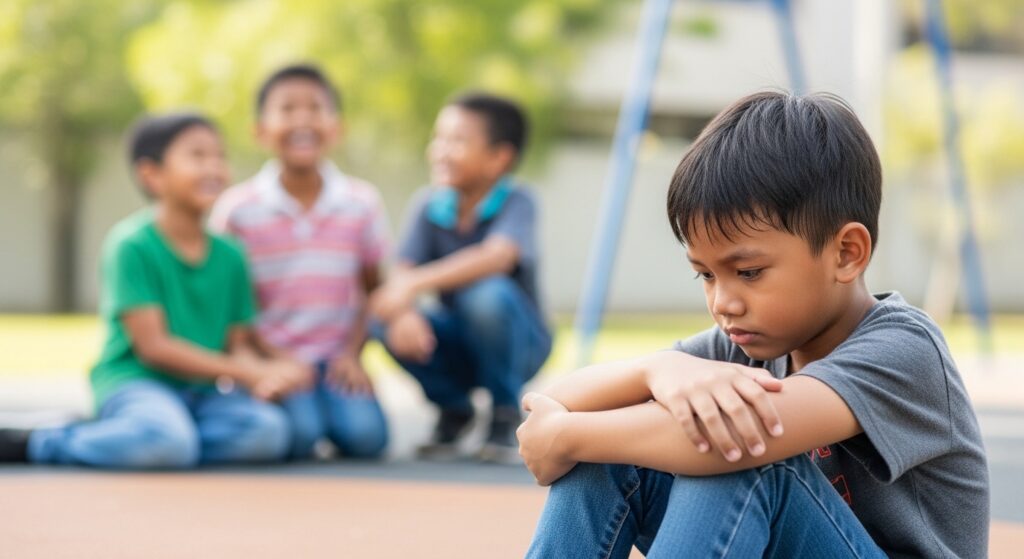 Anak Asia duduk menyendiri di taman permainan dengan wajah murung, beberapa kanak-kanak lain berada di belakang sambil ketawa sesama sendiri.