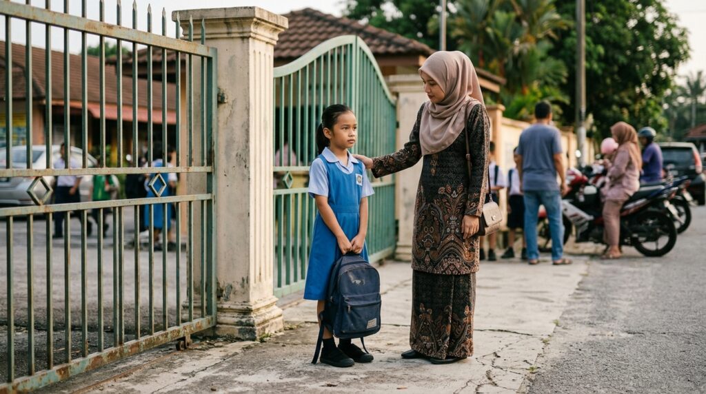 Murid Asia berseragam sekolah menunggu di pagar sekolah dengan wajah risau, cikgu berdiri dekat memberi sokongan.