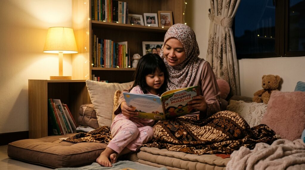 Ibu membaca buku bersama anak sebelum tidur dalam suasana tenang